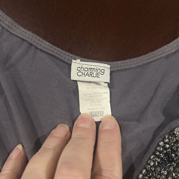 Y2K Beaded Embellishment Short Sleeve V-neck Dark Gray Top Draped sz S Party - Picture 7 of 8